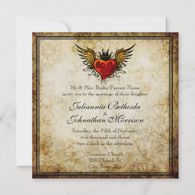 Vintage Tattoo Winged Heart Wedding Invitation (Front)