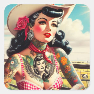 Vintage Tattooed Country Pinup Square Sticker