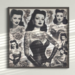 Vintage Tattooed Goth Woman Collage Poster