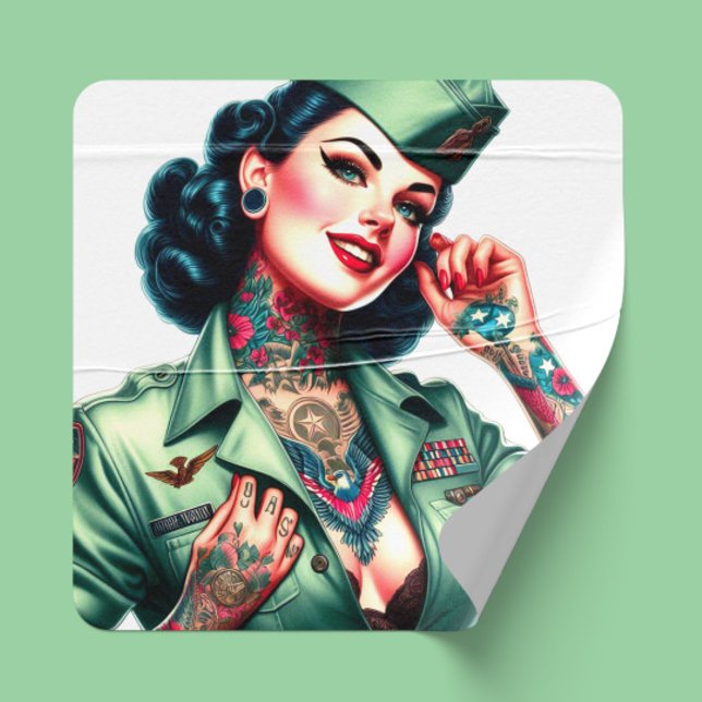 Vintage Tattooed Military Woman Square Sticker (Creator Uploaded)