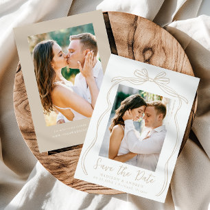 Vintage Taupe Bow 2 Photo Wedding Save The Date