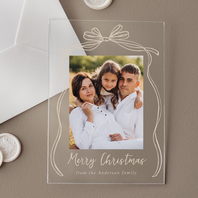 Vintage Taupe Bow Merry Christmas Photo Acrylic Invitations (Creator Uploaded)
