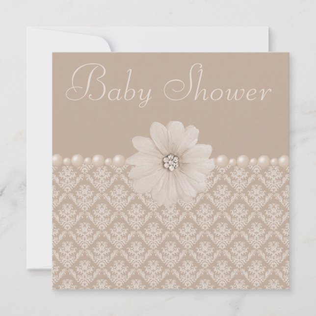 Vintage Taupe Damask, Flowers & Pearls Baby Shower Invitation (Front)