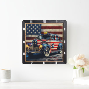 Vintage Taxi American Flag  Square Wall Clock