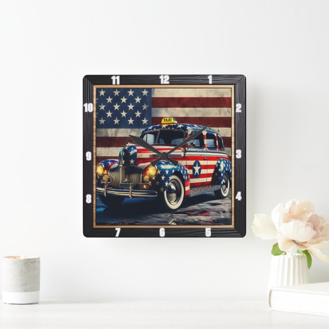 Vintage Taxi American Flag  Square Wall Clock (Home)