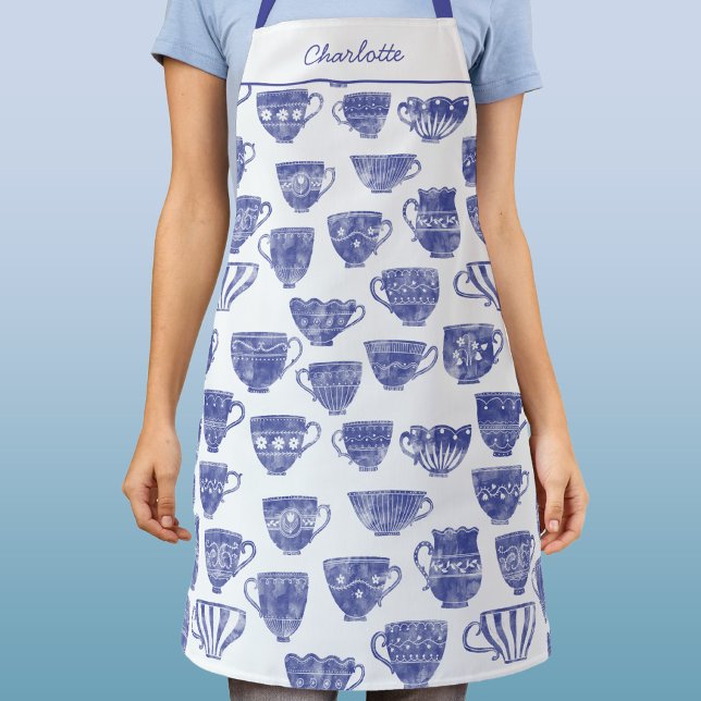 Vintage Tea Cup Pattern Personalised Blue White Apron (Modern retro vintage china teacup pattern personalized apron)