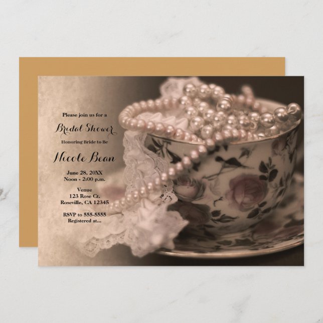 Vintage Tea Cup & Pearls Bridal Shower Invitation (Front/Back)