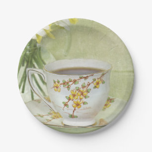 vintage tea cup set with daisies paper plate