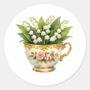Vintage Tea Cup with Lily-of-the-Valley Flowers  Classic Round Sticker