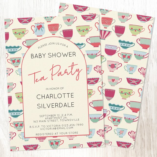 Vintage Tea Party Baby Shower Invitation (Vintage modern tea party baby shower invitation with custom text)