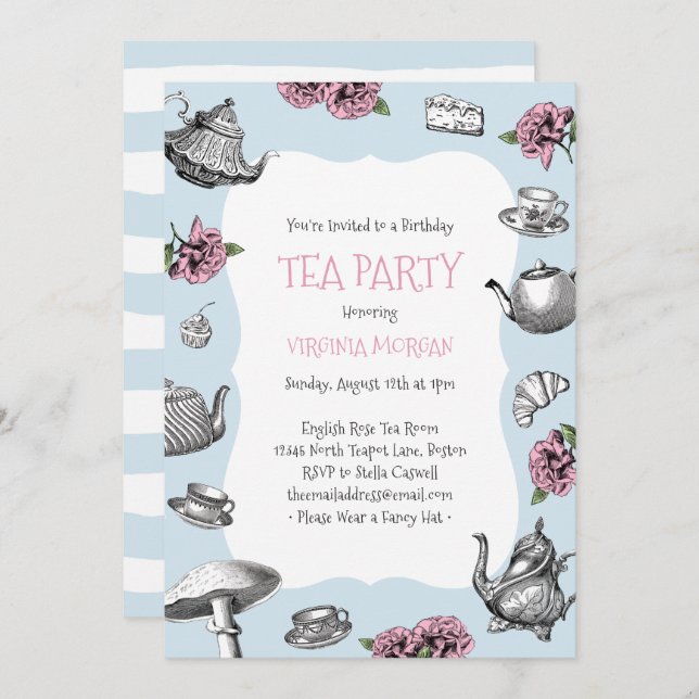 Vintage Tea Party Birthday Baby Blue Stripes Invitation (Front/Back)