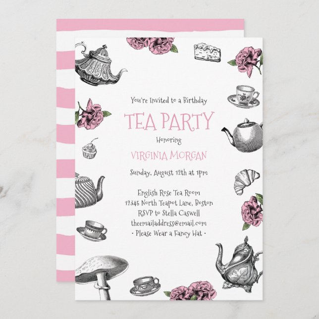 Vintage Tea Party Birthday Pink Invitation (Front/Back)