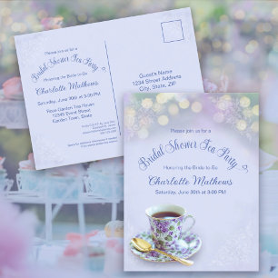 Vintage Tea Party Bridal Shower Blue Invitation Postcard