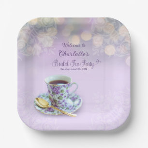 Vintage Tea Party Bridal Shower Lilac Square Paper Plate