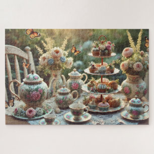 Vintage Tea Party Floral Tea Set & Pastries Jigsaw Puzzle