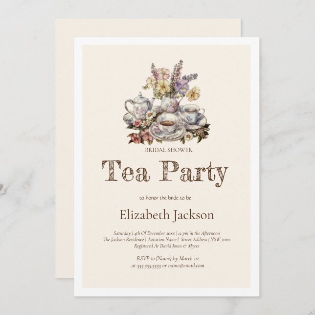 Vintage Tea Party Flowers Bridal Luncheon Invitation (Front/Back)