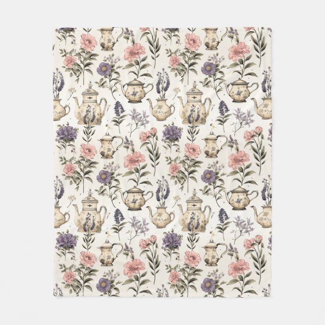 Vintage Tea Pots and Flowers  Fleece Blanket (Front)