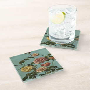 Vintage Tea Rose and Blush Roses Glass Coaster