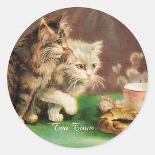 Vintage tea time cats custom classic round sticker