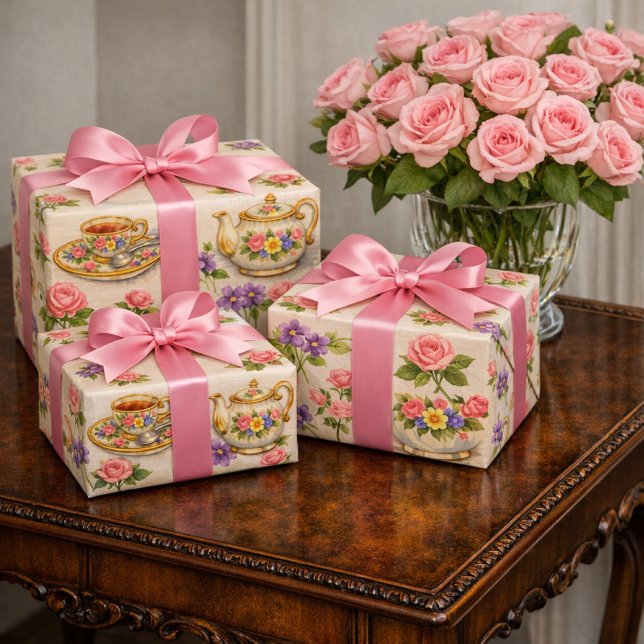 Vintage Tea Time Teapot Pattern  Wrapping Paper Sheet (Vintage teapot gift wrap with pink roses and ribbon on Chippendale table beside rose bouquet)