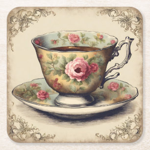Vintage TeaCup Floral Bridal Shower Tea Party  Square Paper Coaster