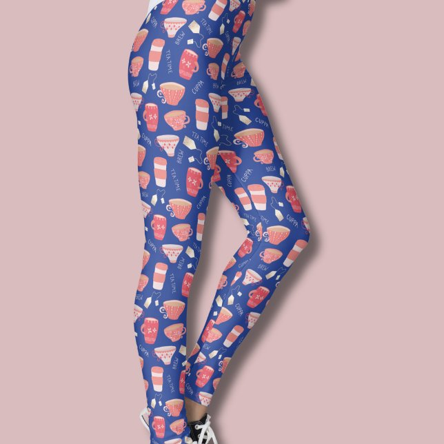 Vintage teacup peach and blue pattern leggings (Vintage peach teacup pattern blue leggings)