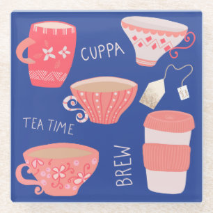 Vintage Teacup Tea Pot illustration Glass Coaster