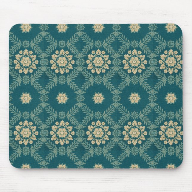 Vintage Teal and Beige Floral Fabric Mousepad (Front)