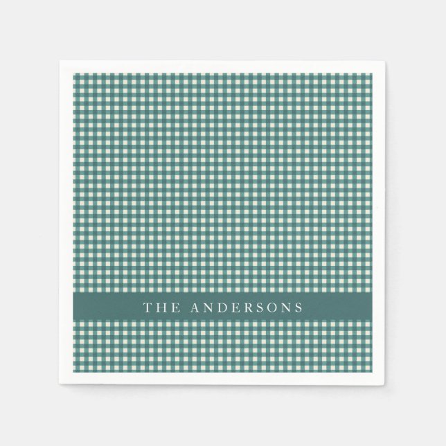 Vintage Teal and White Gingham Plaid Personalised  Napkin (Front)