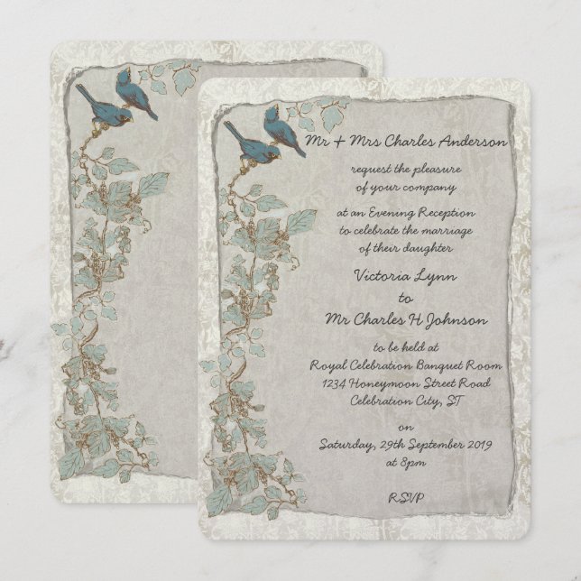 Vintage Teal Birds Damask Evening Reception Invitation (Front/Back)