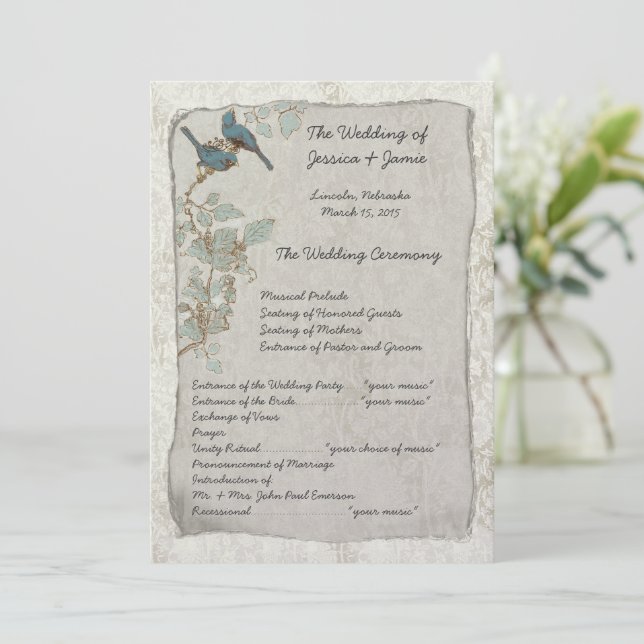 Vintage Teal Birds Damask Wedding Program (Standing Front)