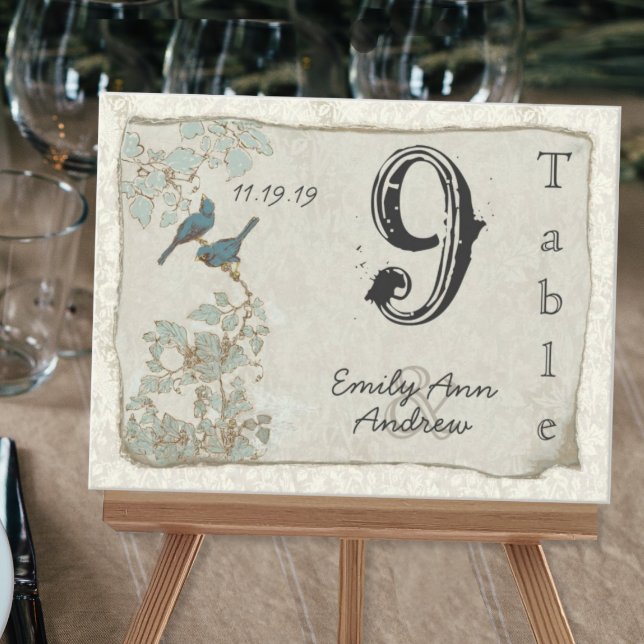 Vintage Teal Birds Damask Wedding Table Number Postcard (Creator Uploaded)