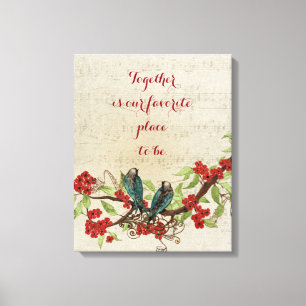 Vintage Teal Birds Red Floral Pattern Quote Canvas Print