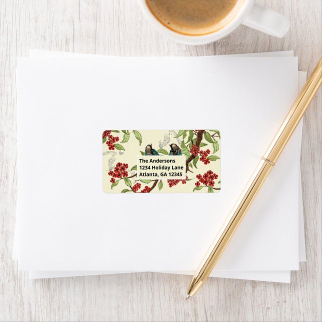 Vintage Teal Birds Red Flowering Branch RSVP Label (Insitu)