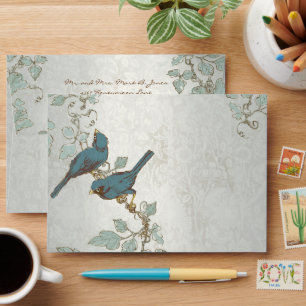 Vintage Teal  Birds Wedding Envelope