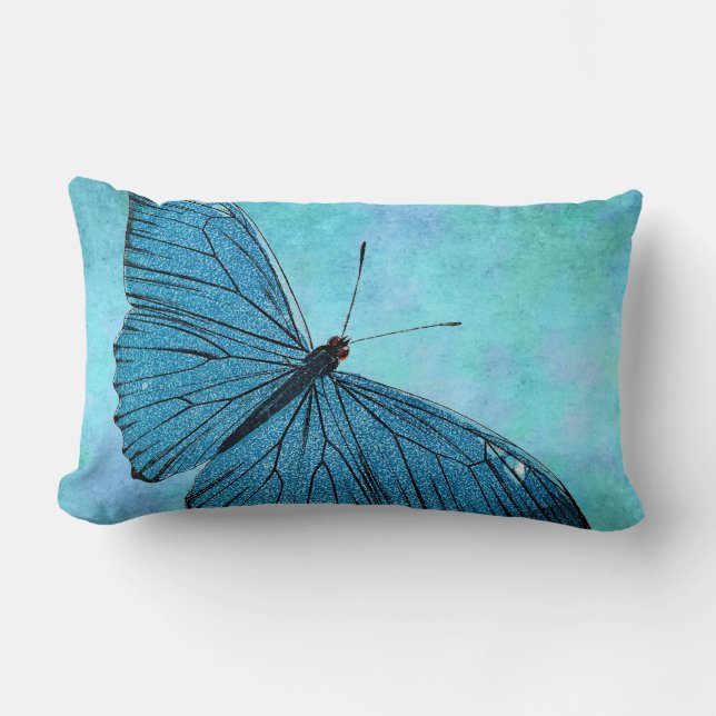 Vintage Teal Blue Butterfly 1800s Illustration Lumbar Cushion (Front)