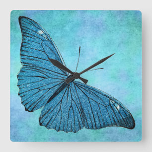 Vintage Teal Blue Butterfly 1800s Illustration Square Wall Clock