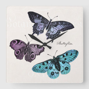 Vintage Teal Blue Purple Pink Butterfly Drawing Square Wall Clock