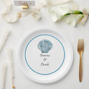Vintage Teal Blue Single Seashell Wedding Paper Plate