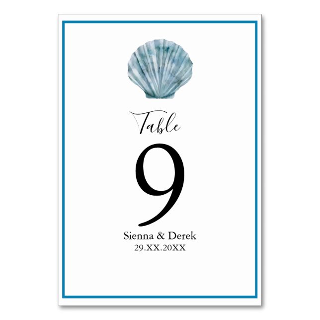 Vintage Teal Blue Single Seashell Wedding Table Number (Front)