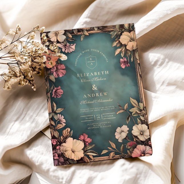 Vintage Teal Botanical Art Nouveau Wedding Invitation (Creator Uploaded)