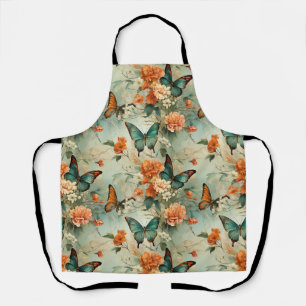 Vintage Teal Butterfly Orange Floral Garden Apron