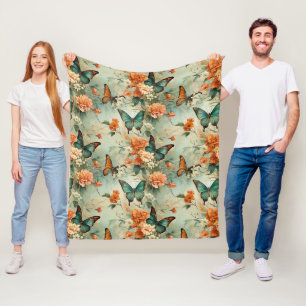 Vintage Teal Butterfly Orange Floral Garden Fleece Blanket
