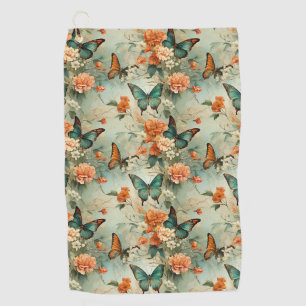 Vintage Teal Butterfly Orange Floral Garden Golf Towel