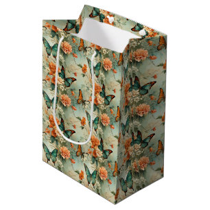 Vintage Teal Butterfly Orange Floral Garden Medium Gift Bag