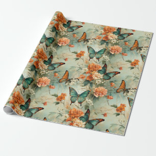 Vintage Teal Butterfly Orange Floral Garden Wrapping Paper
