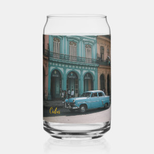 Vintage Teal Classic Car Old Havana Cuba Colonial Can Glass