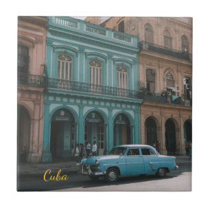 Vintage Teal Classic Car Old Havana Cuba Colonial Ceramic Tile