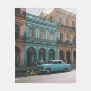 Vintage Teal Classic Car Old Havana Cuba Colonial  Fleece Blanket