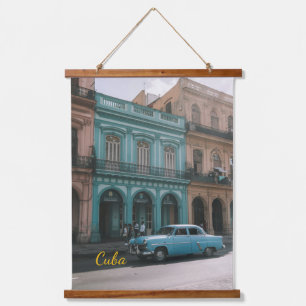 Vintage Teal Classic Car Old Havana Cuba Colonial Hanging Tapestry